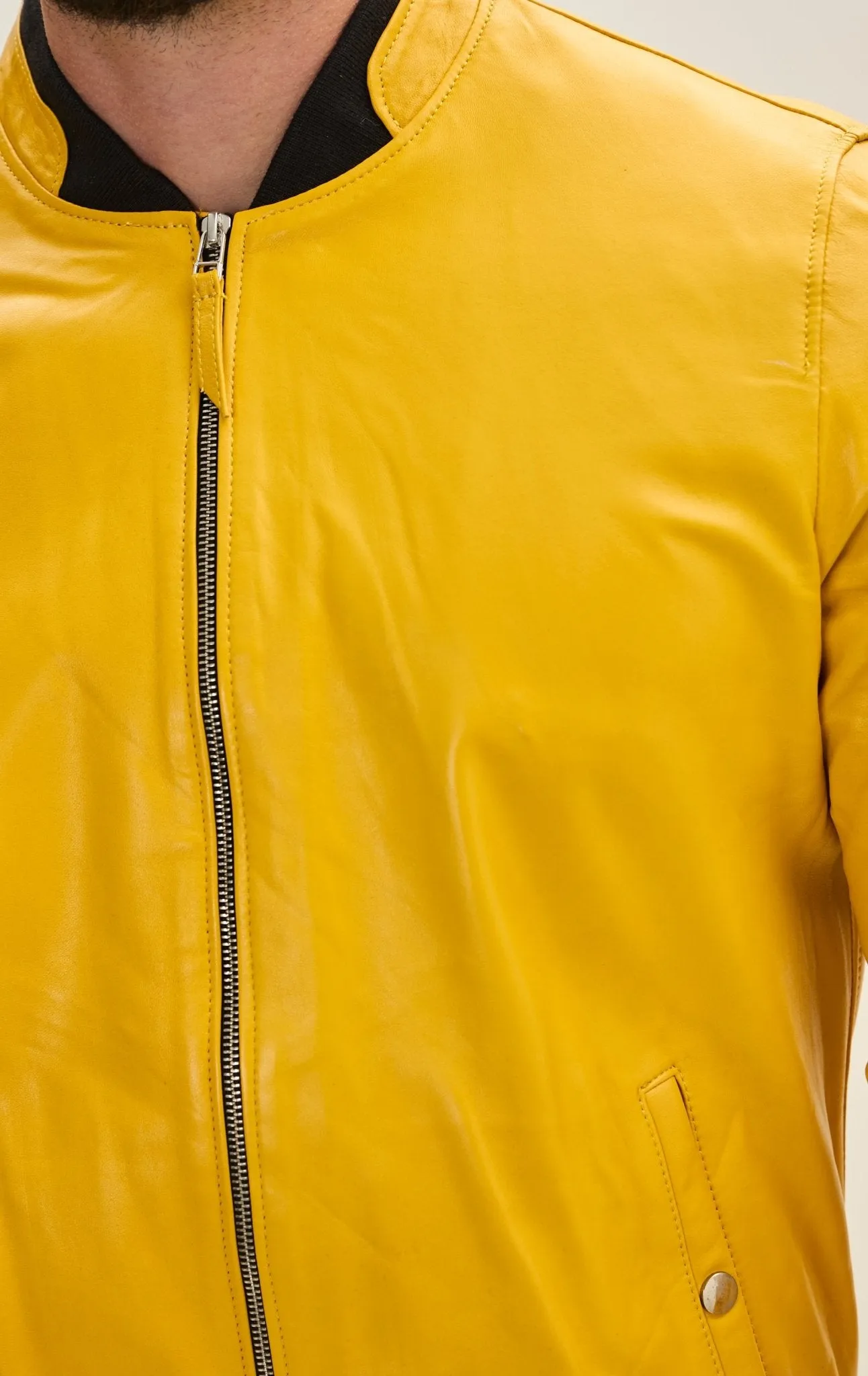 Genuine Leather Bomber Jacket - Yellow