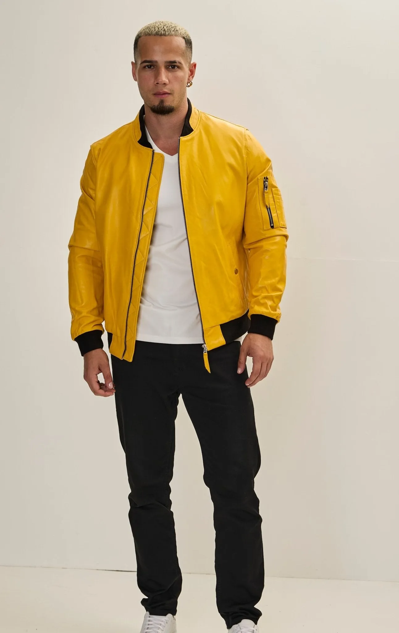 Genuine Leather Bomber Jacket - Yellow