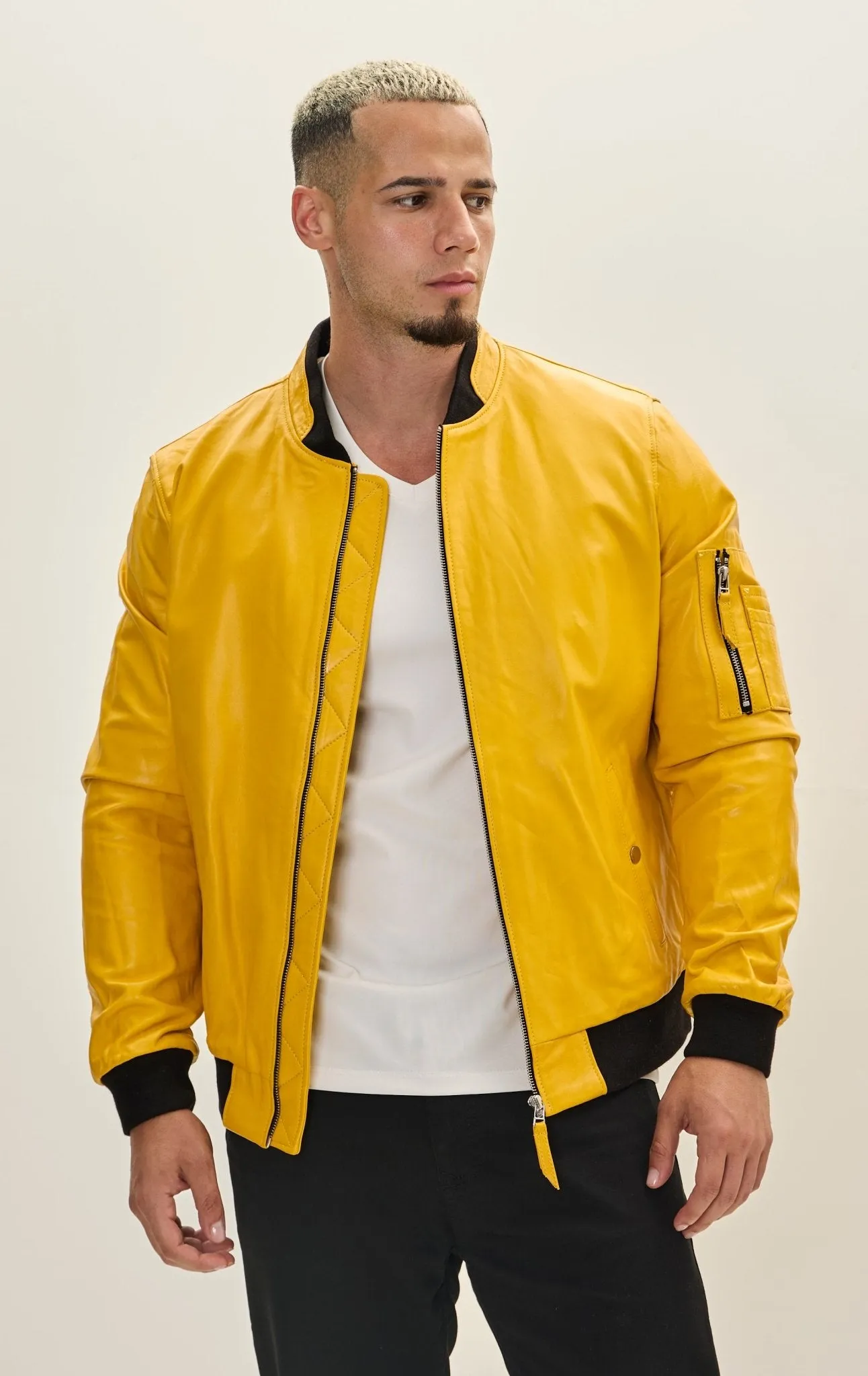 Genuine Leather Bomber Jacket - Yellow