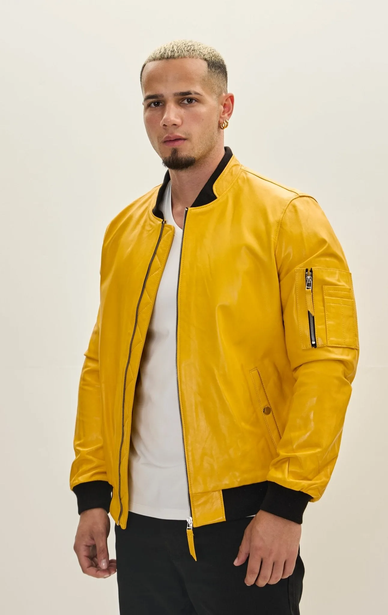 Genuine Leather Bomber Jacket - Yellow