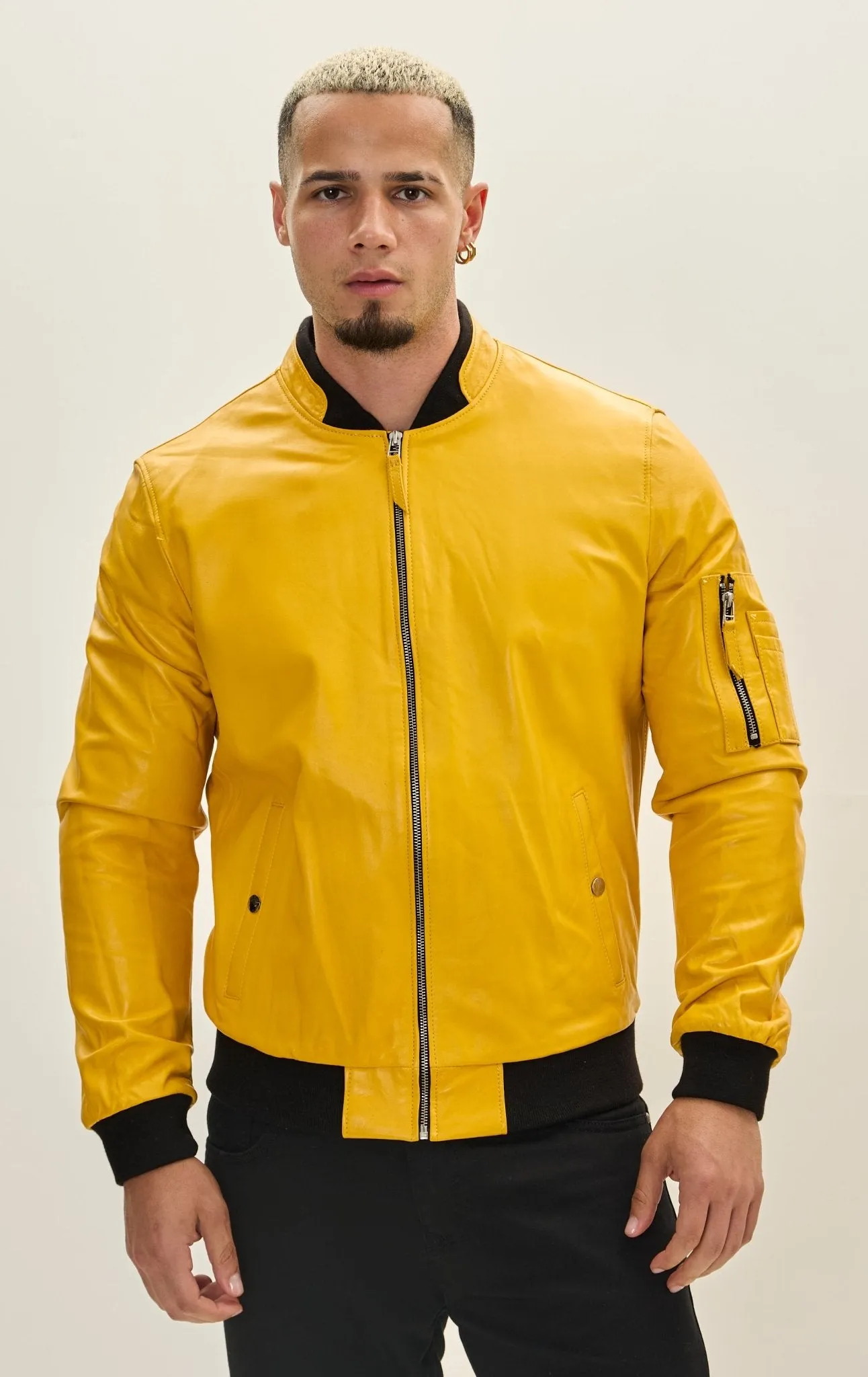 Genuine Leather Bomber Jacket - Yellow