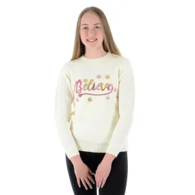 Girls Christmas Jumper Believe Flowers Sequins Pink Gold