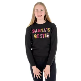 Girls Santas Bestie Christmas Jumper Gold Pink Sequins