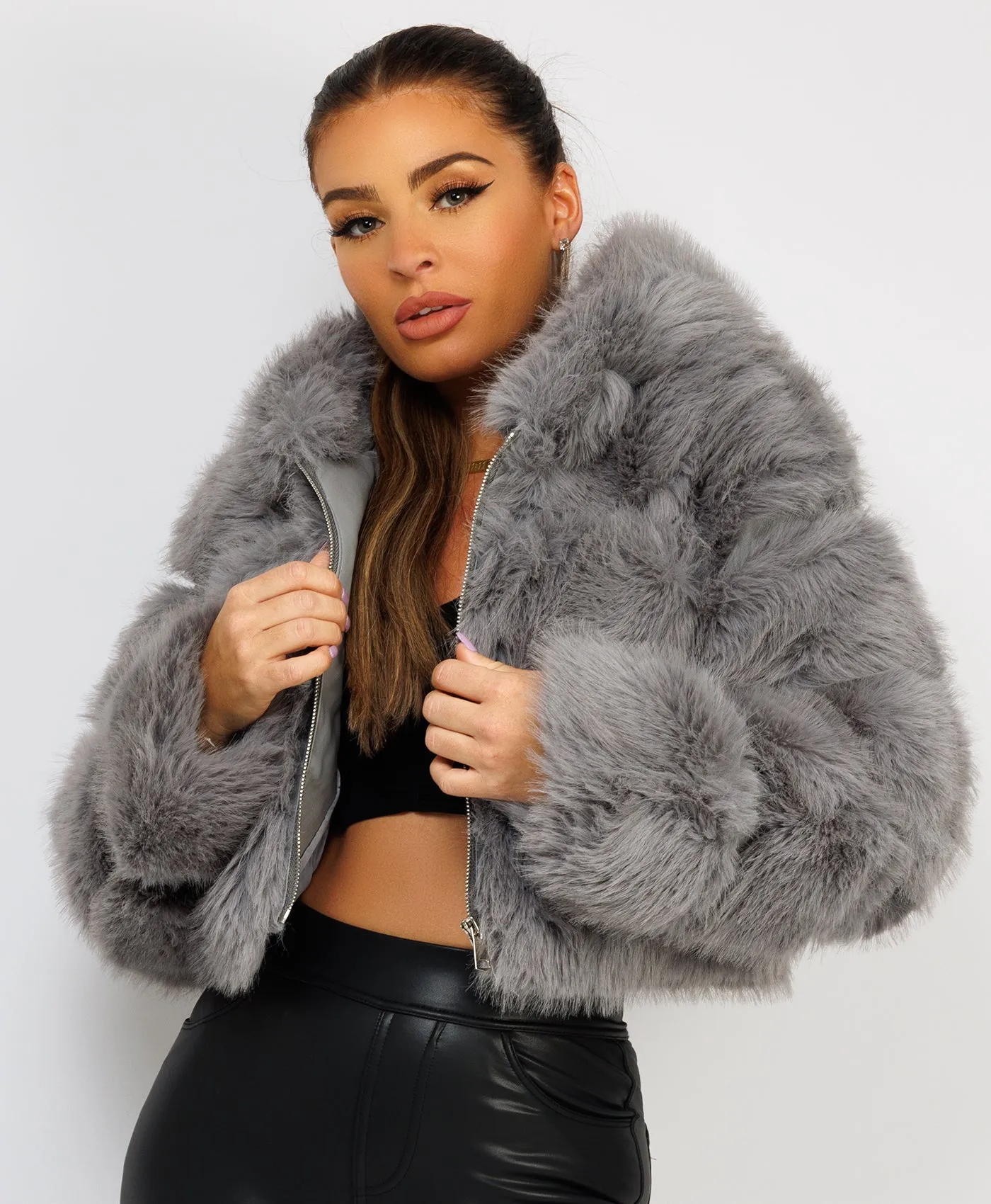 Grey Premium Hooded Faux Fur Tiered Coat Jacket