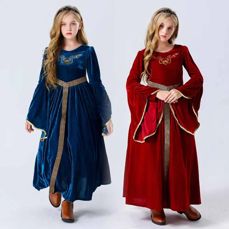 Halloween cosplay Medieval Retro Palace Noble Ball Performance Dress Children's Suede Flare Sleeves Long Dress