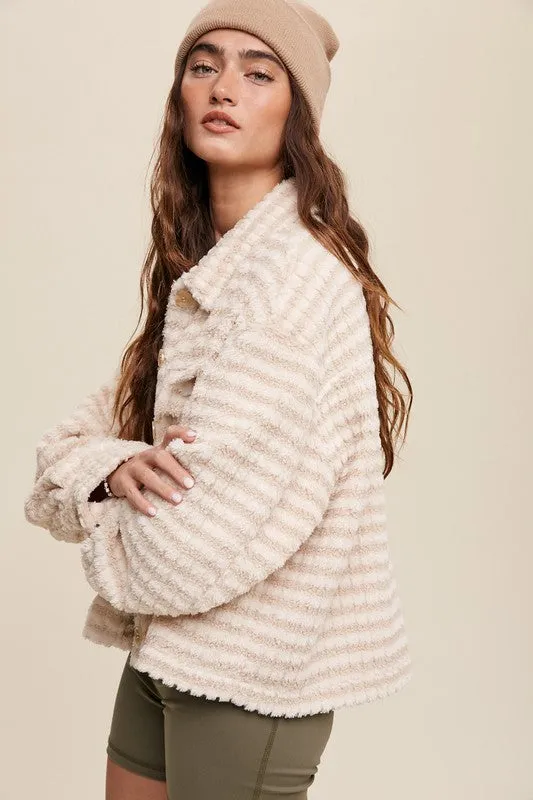 Hot Girl Fuzzy Stripes Fleece Shacket In Cream