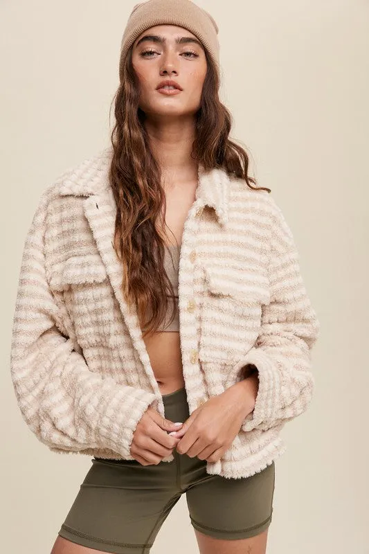 Hot Girl Fuzzy Stripes Fleece Shacket In Cream