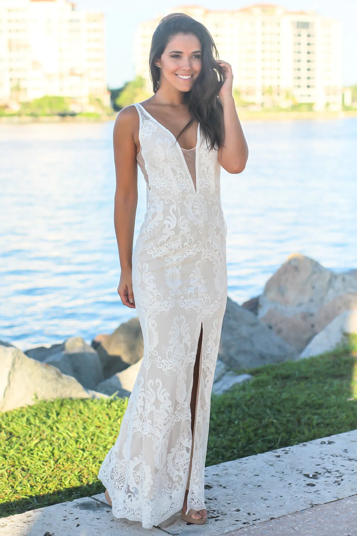 Ivory Embroidered Maxi Dress with Mesh Detail