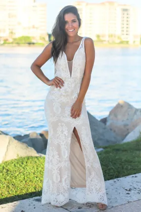 Ivory Embroidered Maxi Dress with Mesh Detail