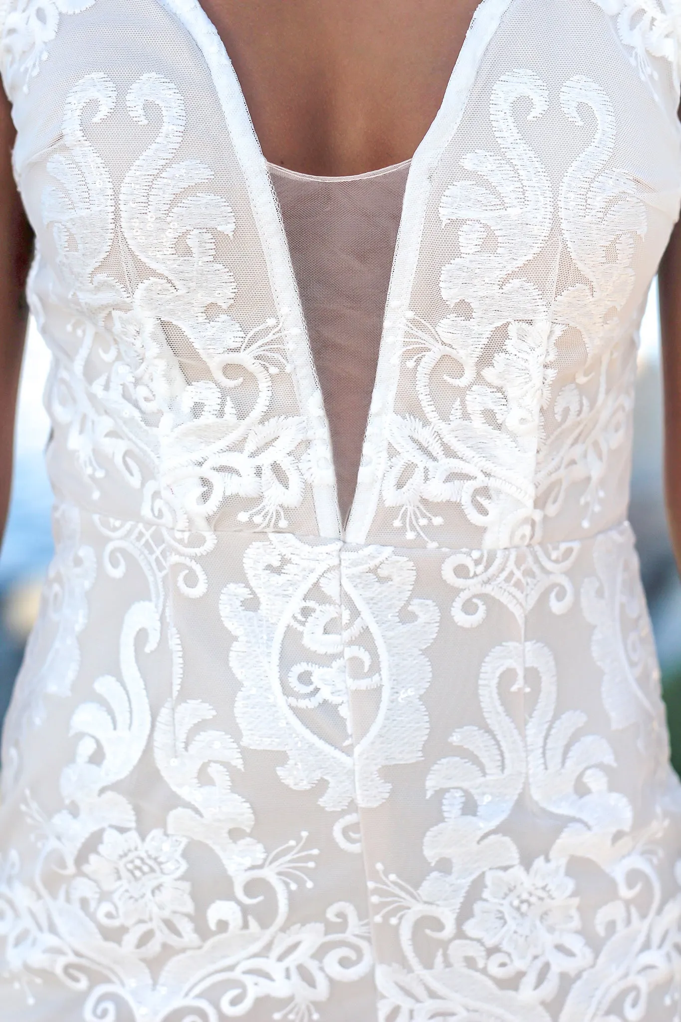 Ivory Embroidered Maxi Dress with Mesh Detail