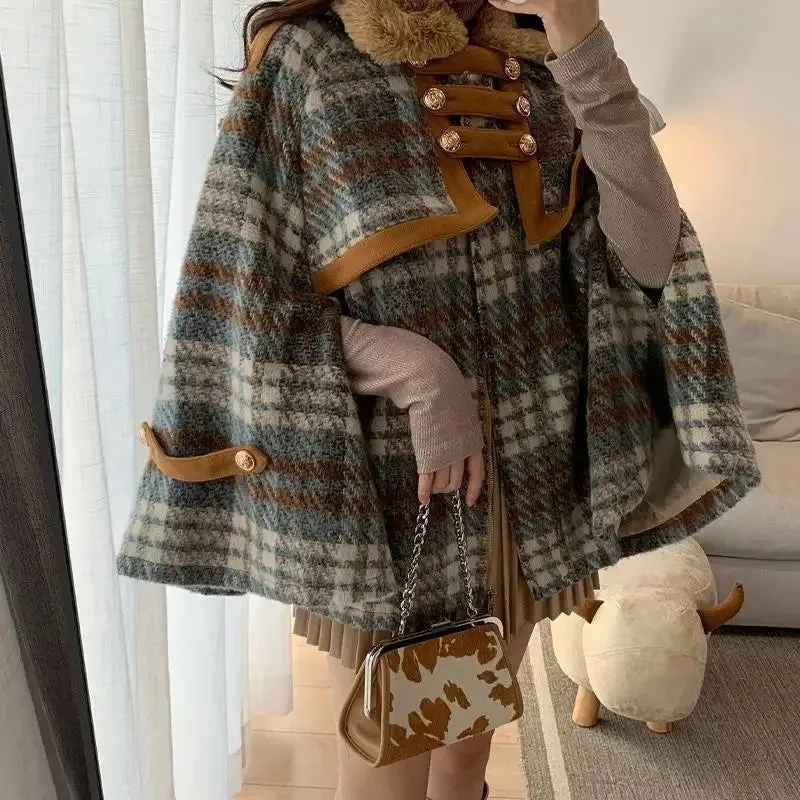 Joskaa Retro Winter Woman Plaids Cloak Coat Faux Rabbit Fur Lapel Collar Thick Capes Woolen Checked Shawl Cardigan Poncho Jacket Tops