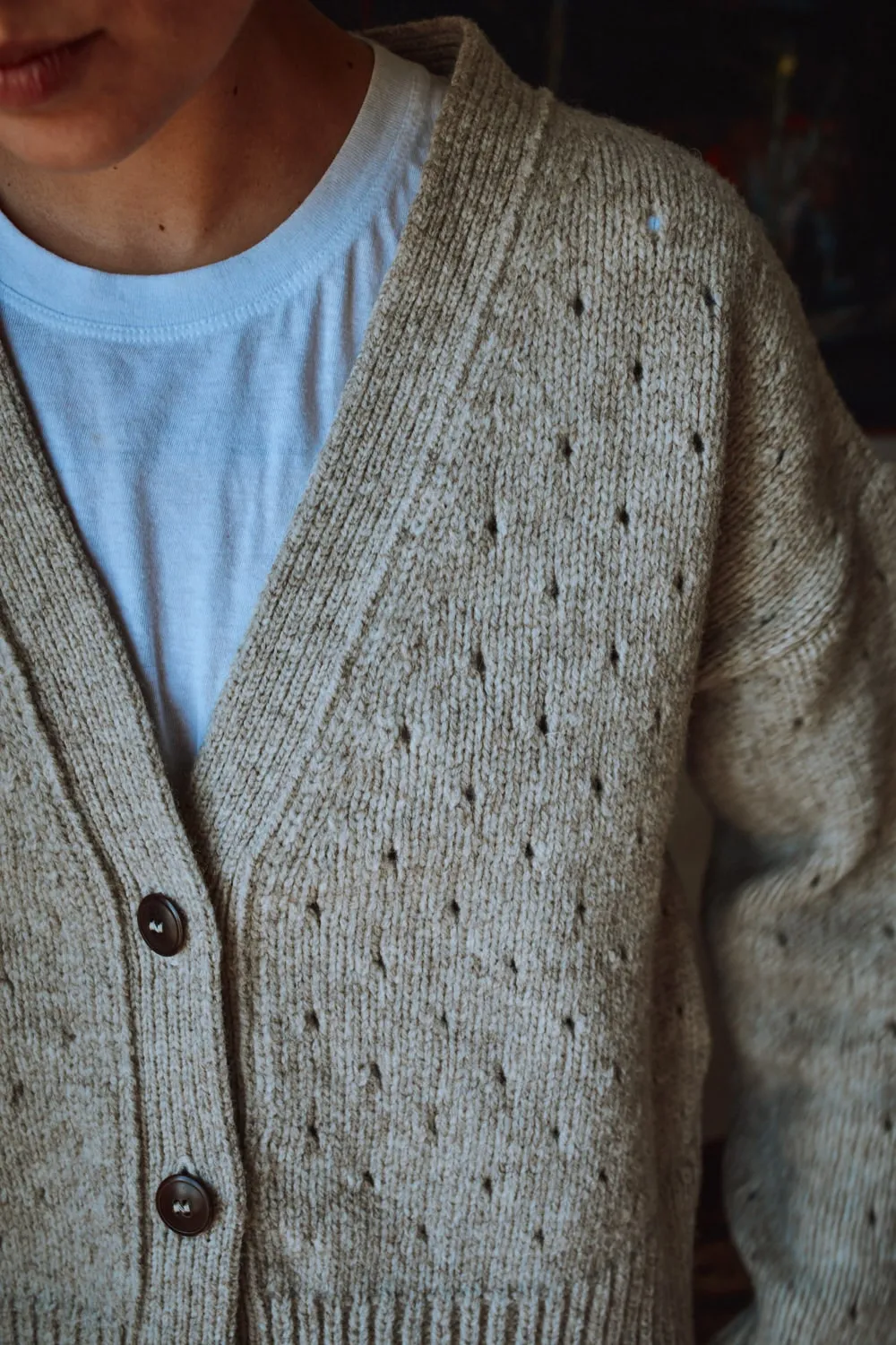 KATRINA Open Weave Cardigan in Merino Wool - Beige