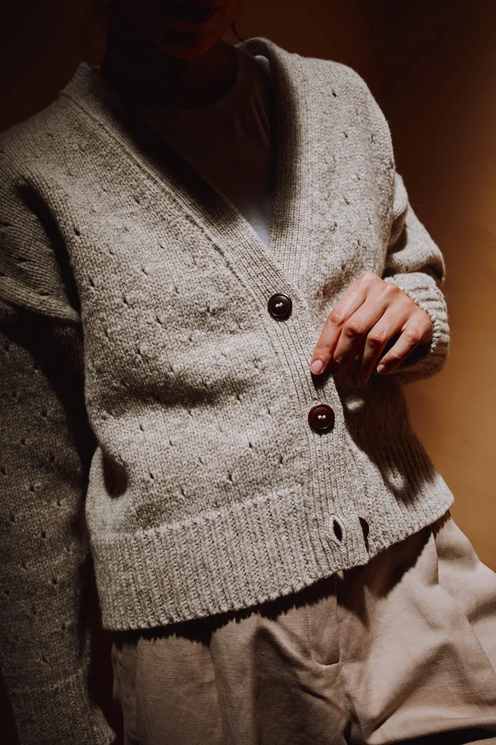 KATRINA Open Weave Cardigan in Merino Wool - Beige