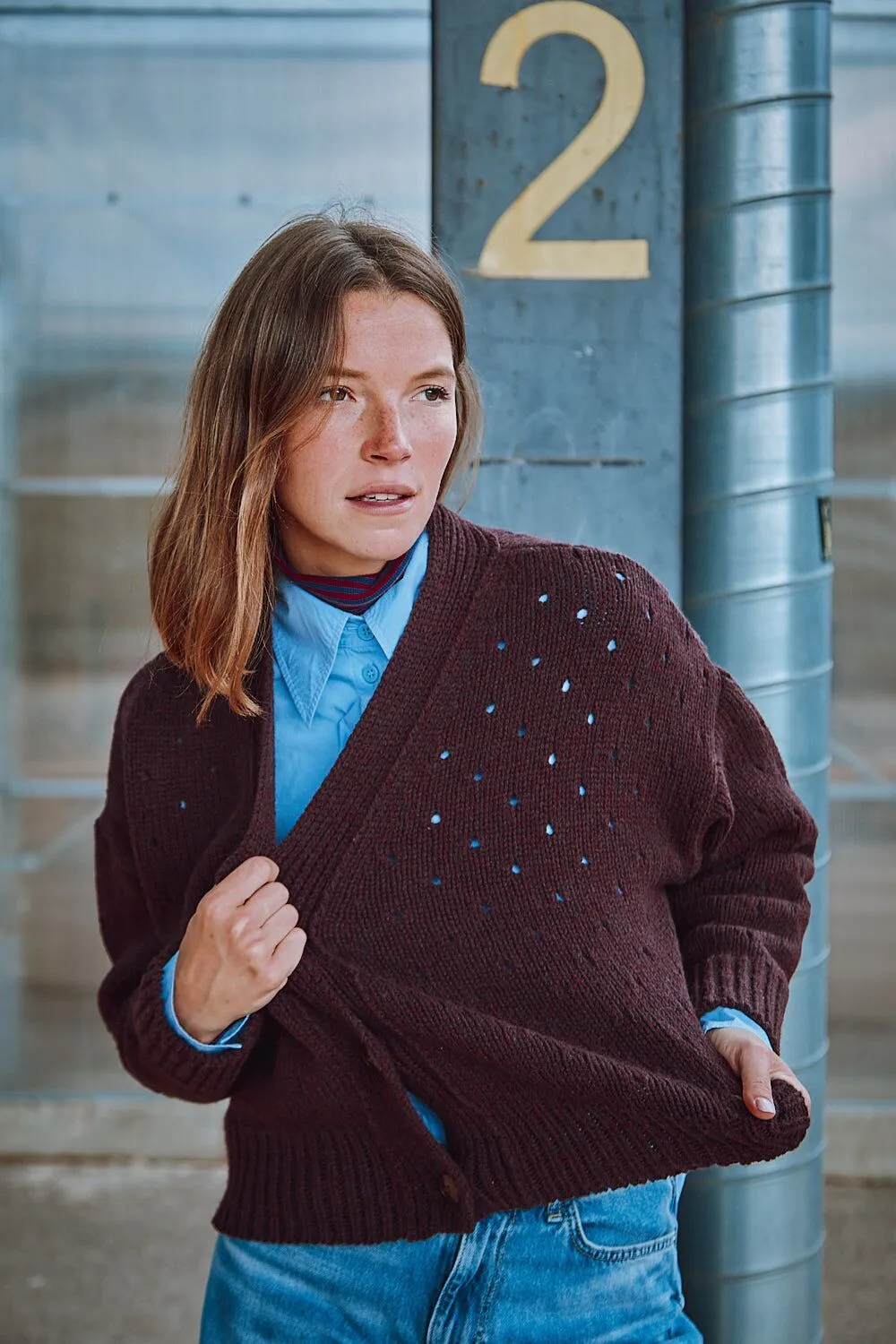 KATRINA Open Weave Cardigan in Merino Wool - Plum