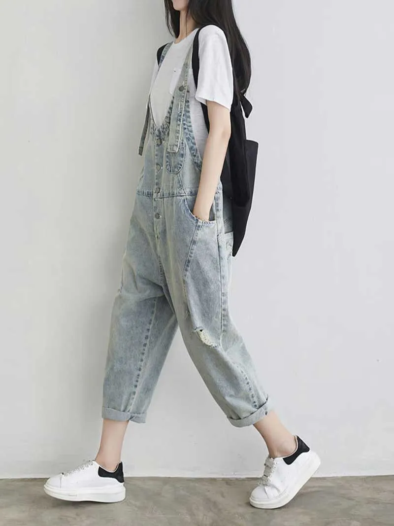 Keep Your dreams Save Denim Ripped Overall Dungarees