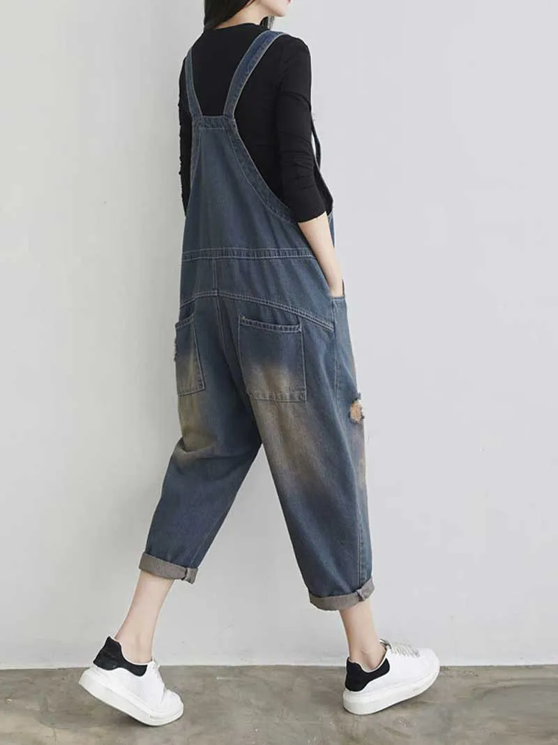 Keep Your dreams Save Denim Ripped Overall Dungarees