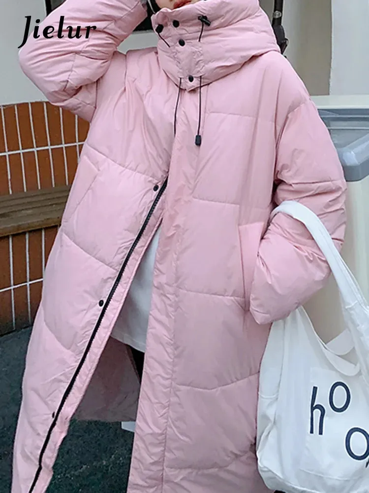 Khaki Winter Hooded Korean Style Female Parkas Loose Warm Zipper Solid Color Fashion Women's Parka Pink Long Down Coat