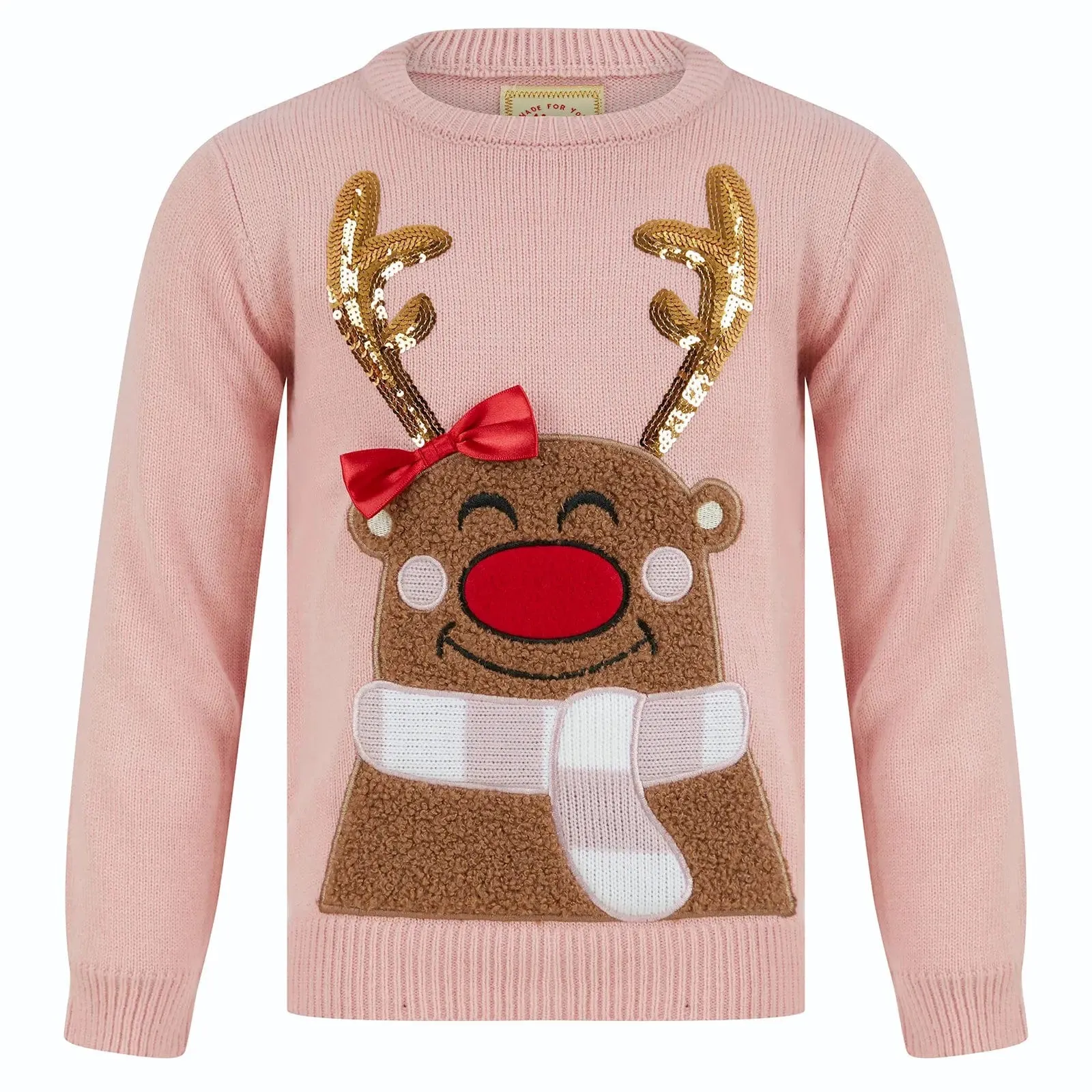 Kids 3D Reindeer Christmas Jumper Gold Sequins Red Bow Fleece