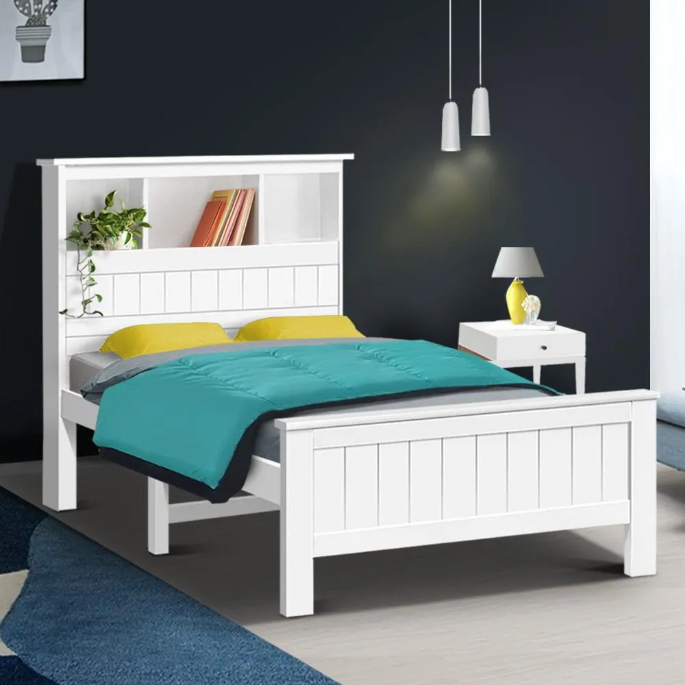 King Single Package | Kids Conqueror Wooden Bed Frame with Shelving White & Bonita Euro Top Mattress (Medium Firm)