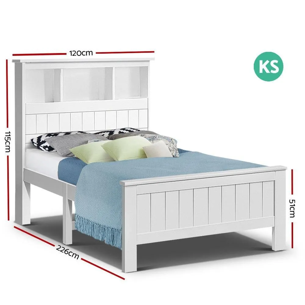 King Single Package | Kids Conqueror Wooden Bed Frame with Shelving White & Bonita Euro Top Mattress (Medium Firm)