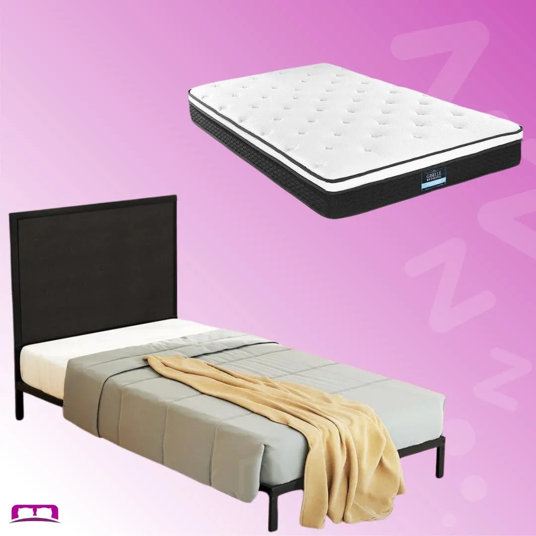 King Single Package | Paddington Bed Frame With Fabric Headboard Black & Bonita Euro Top Mattress (Medium Firm)