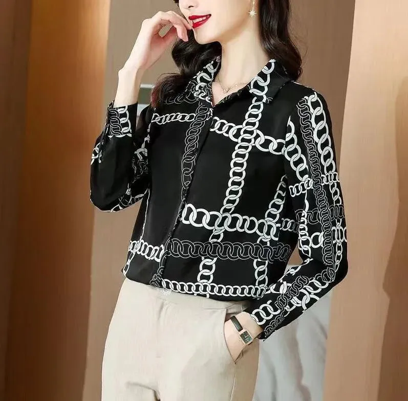 Lace-up Bow Letter Print Women Shirt Lantern Long Sleeve Chiffon Blouse V-Neck French Button Versatile Base Layer Loose Casual silk