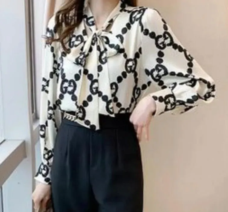 Lace-up Bow Letter Print Women Shirt Lantern Long Sleeve Chiffon Blouse V-Neck French Button Versatile Base Layer Loose Casual silk