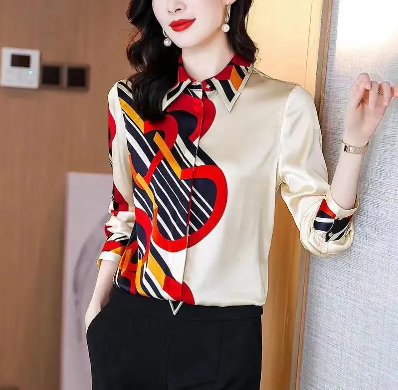 Lace-up Bow Letter Print Women Shirt Lantern Long Sleeve Chiffon Blouse V-Neck French Button Versatile Base Layer Loose Casual silk