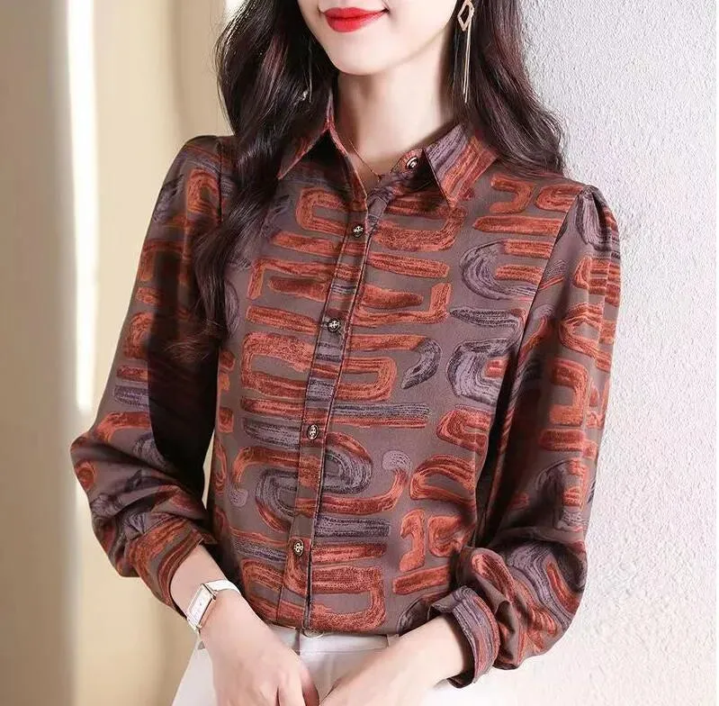 Lace-up Bow Letter Print Women Shirt Lantern Long Sleeve Chiffon Blouse V-Neck French Button Versatile Base Layer Loose Casual silk