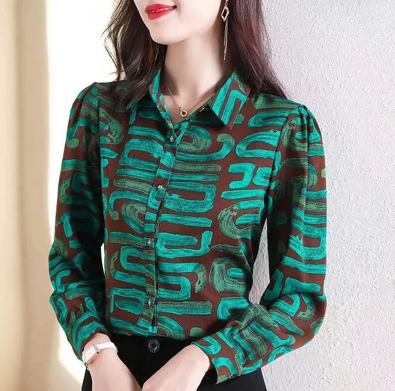 Lace-up Bow Letter Print Women Shirt Lantern Long Sleeve Chiffon Blouse V-Neck French Button Versatile Base Layer Loose Casual silk