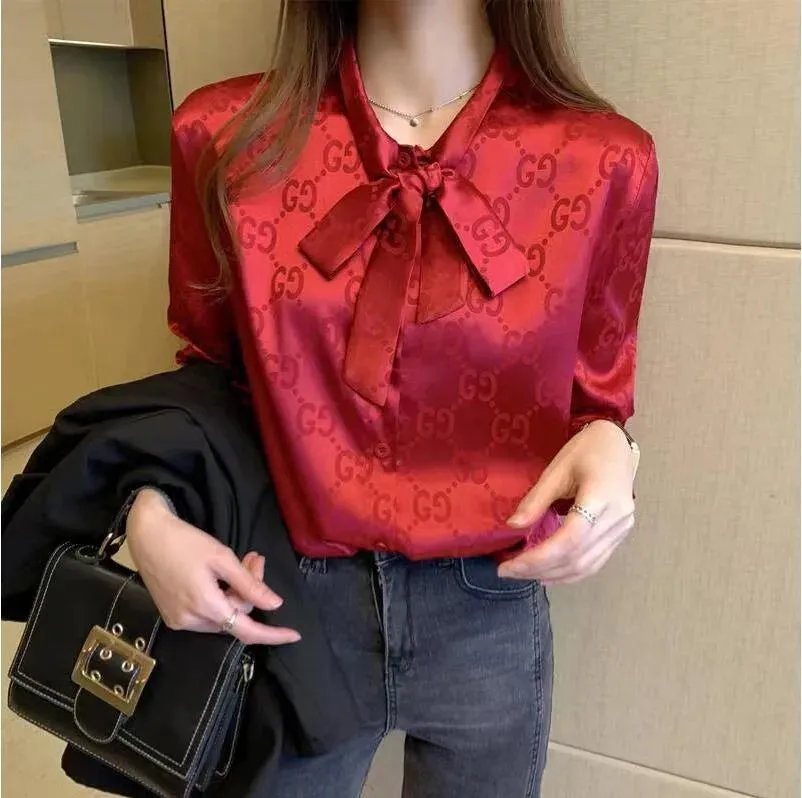 Lace-up Bow Letter Print Women Shirt Lantern Long Sleeve Chiffon Blouse V-Neck French Button Versatile Base Layer Loose Casual silk