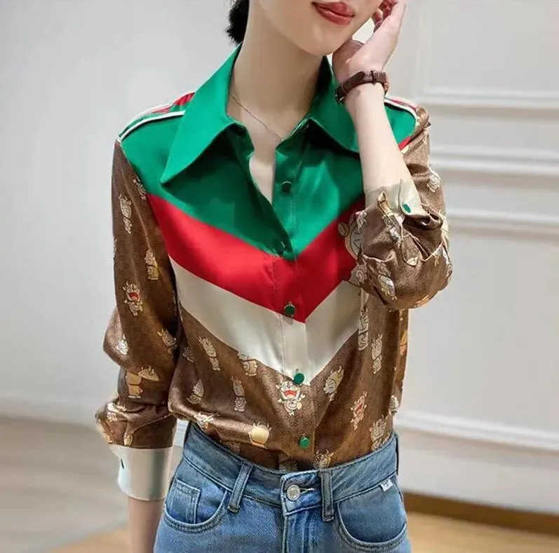 Lace-up Bow Letter Print Women Shirt Lantern Long Sleeve Chiffon Blouse V-Neck French Button Versatile Base Layer Loose Casual silk