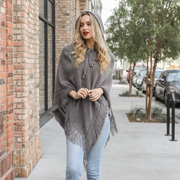 Lace Up Knit Poncho with Hood