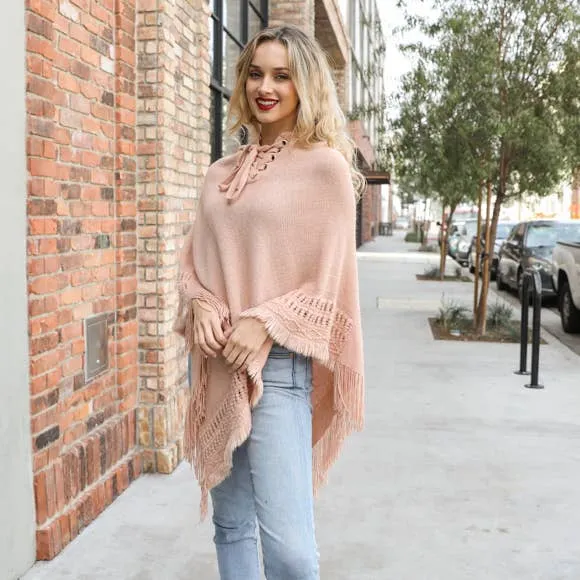 Lace Up Knit Poncho with Hood