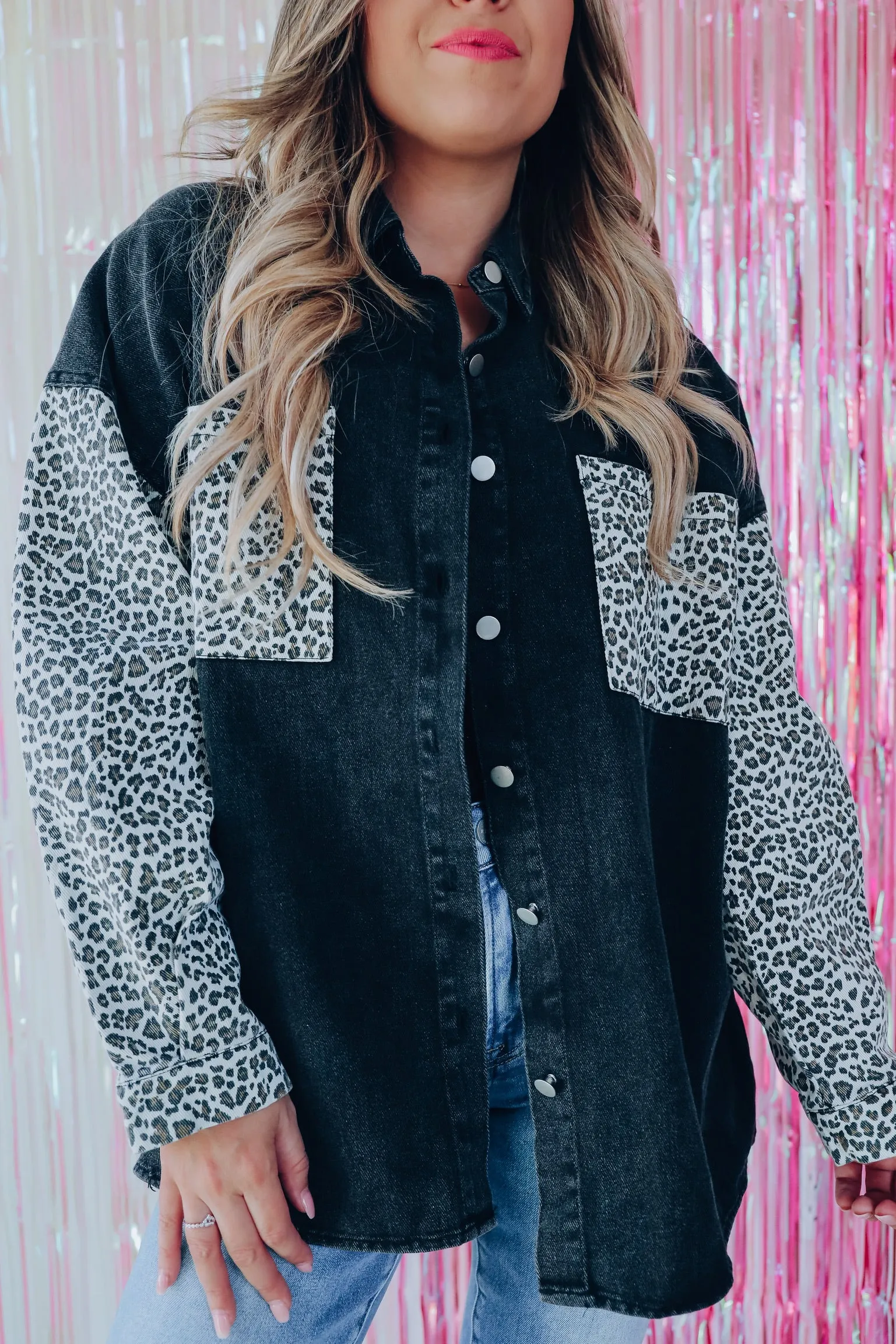 Laid-Back Leopard Denim Shacket - Black