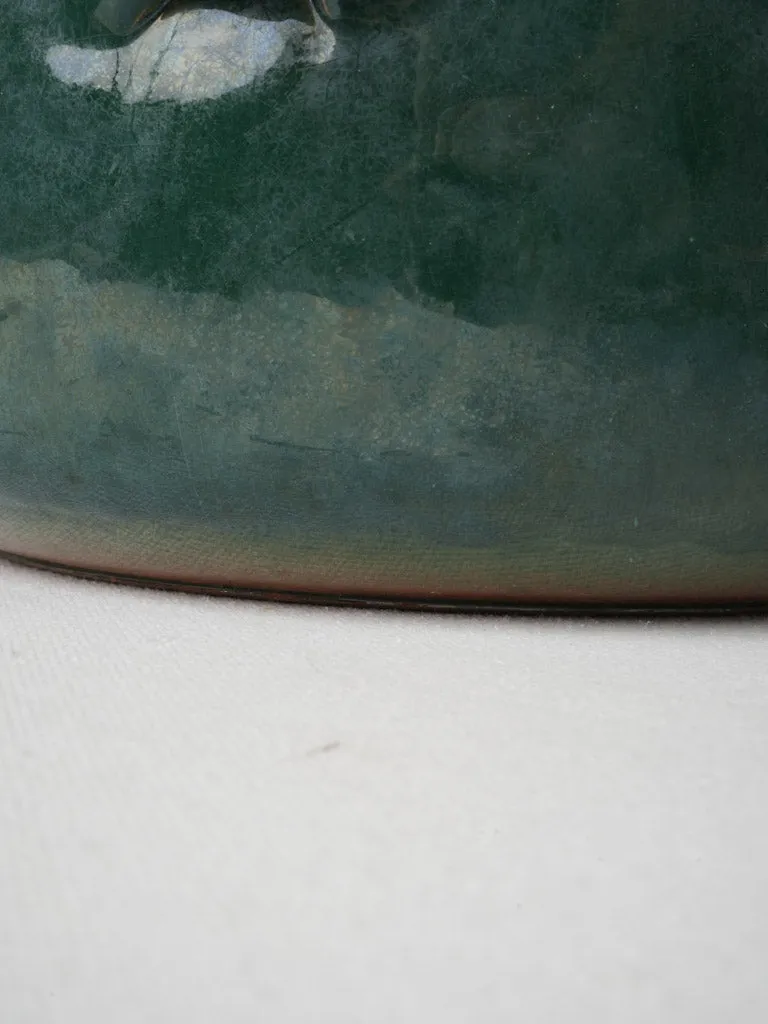 Large vintage terracotta round cooking pot w/ teal blue glaze 11¾"