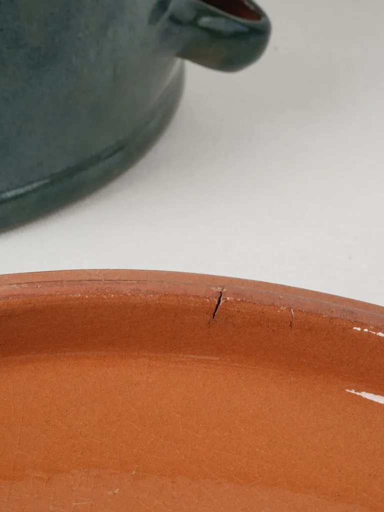 Large vintage terracotta round cooking pot w/ teal blue glaze 11¾"