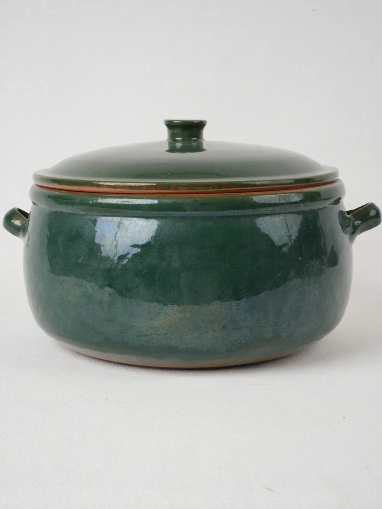 Large vintage terracotta round cooking pot w/ teal blue glaze 11¾"