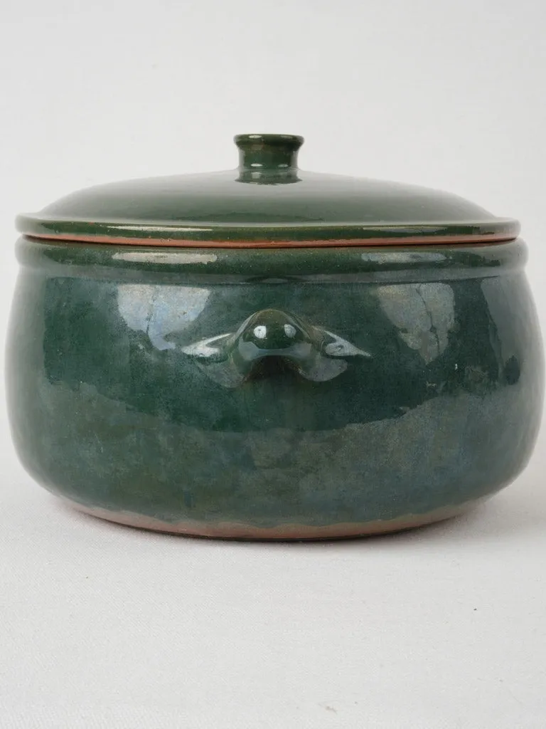 Large vintage terracotta round cooking pot w/ teal blue glaze 11¾"