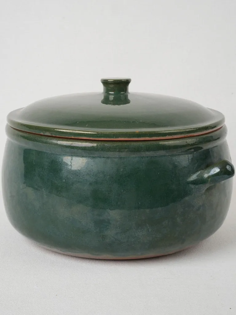 Large vintage terracotta round cooking pot w/ teal blue glaze 11¾"