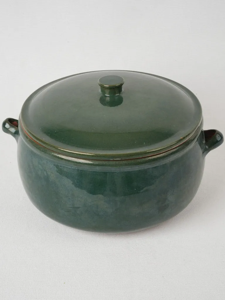 Large vintage terracotta round cooking pot w/ teal blue glaze 11¾"