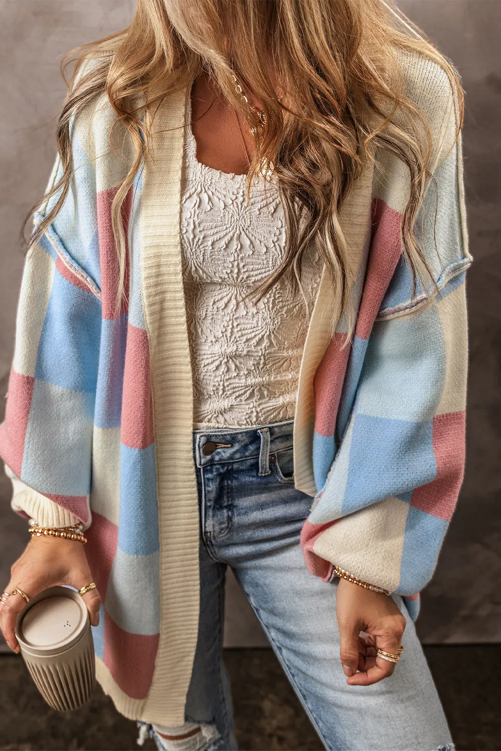 Light Blue Checkered Drop Shoulder Exposed Seam Open Front Cardigan