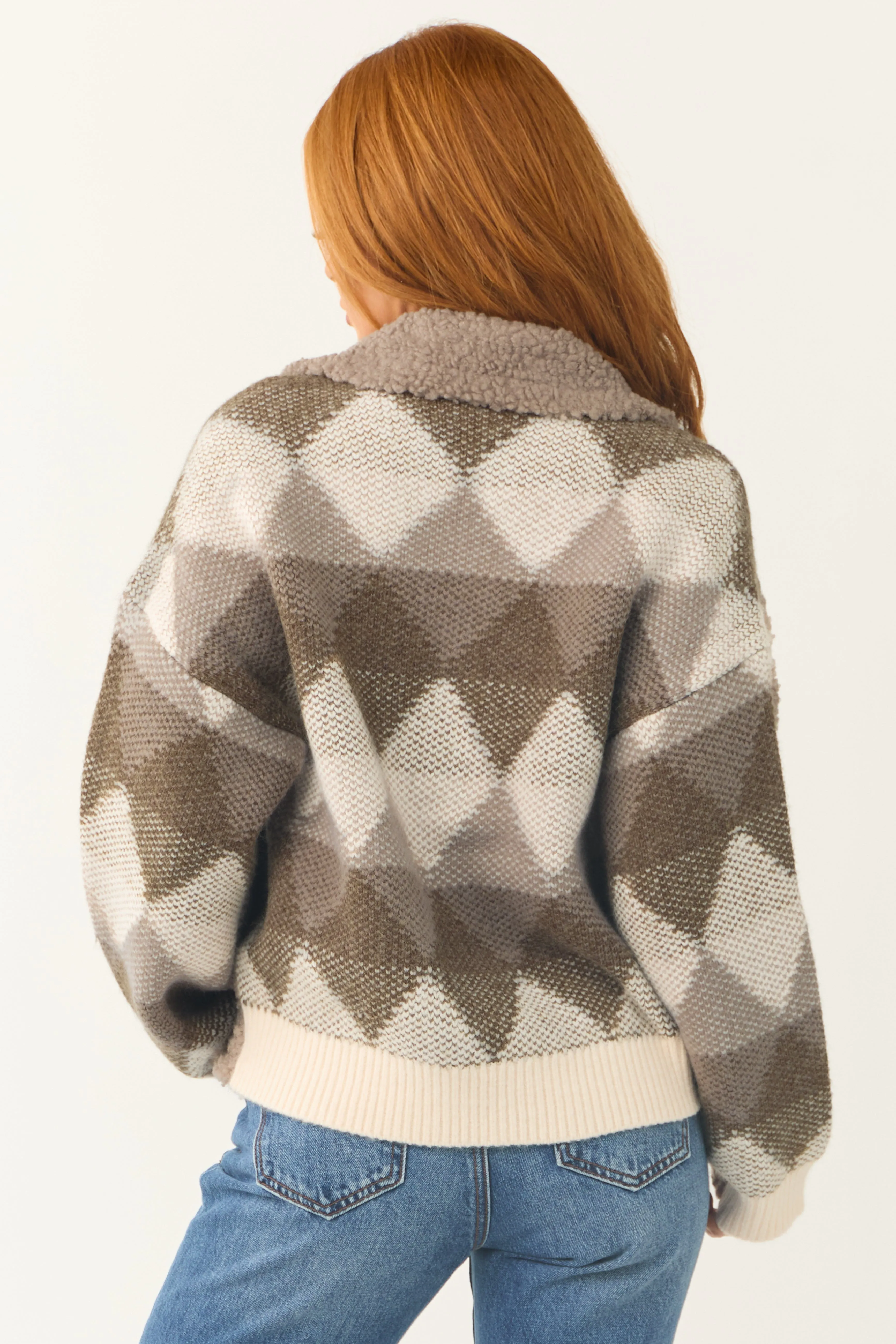 Light Taupe Sherpa Diamond Pattern Colorblock Jacket