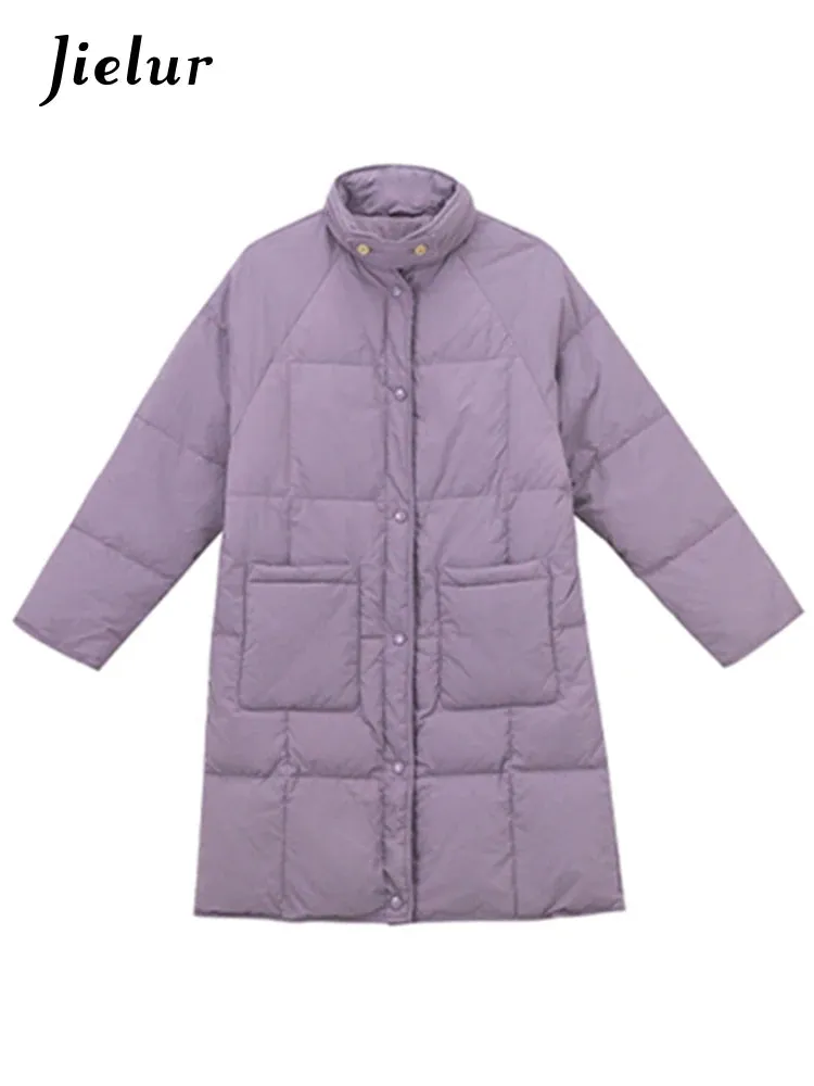 Long Down Jacket Woman New Big Pocket Windproof Buttons Winter Purple Parkas Fashion Stand Collar Cotton Coat Women S-XL