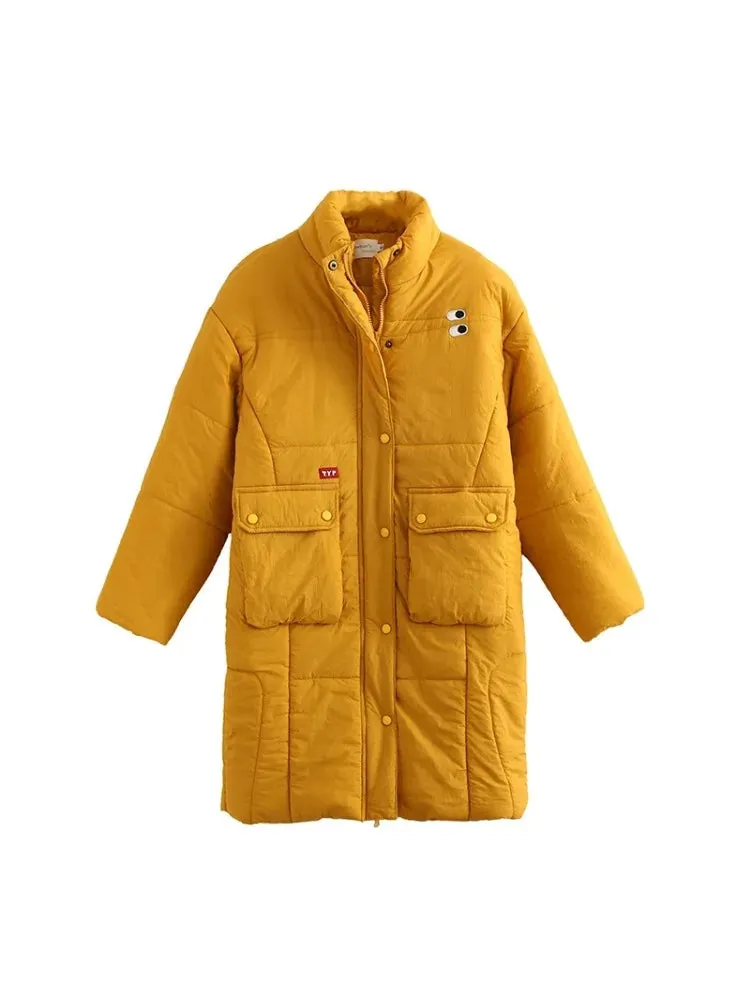 Long Parkas Jacket For Women Yellow Solid Cartoon Embridery Pocket Coat Winter  Sleeve Single-breasted Warm Outwear