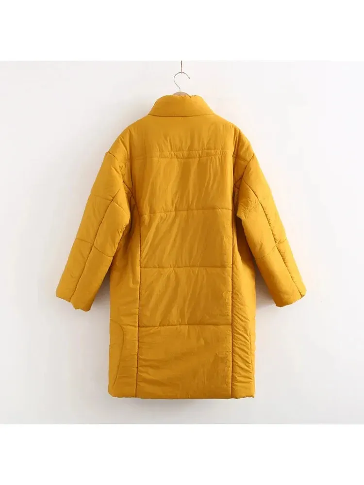 Long Parkas Jacket For Women Yellow Solid Cartoon Embridery Pocket Coat Winter  Sleeve Single-breasted Warm Outwear