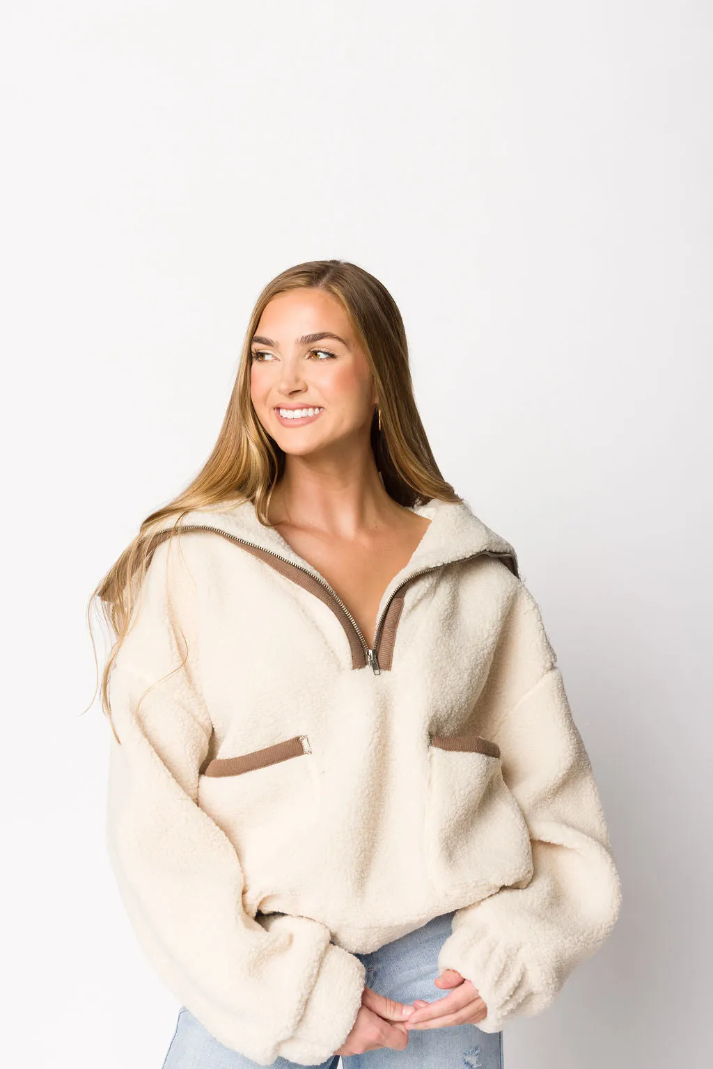 Magnolia Sherpa Fleece Half-Zip Pullover Jacket in Coconut Milk