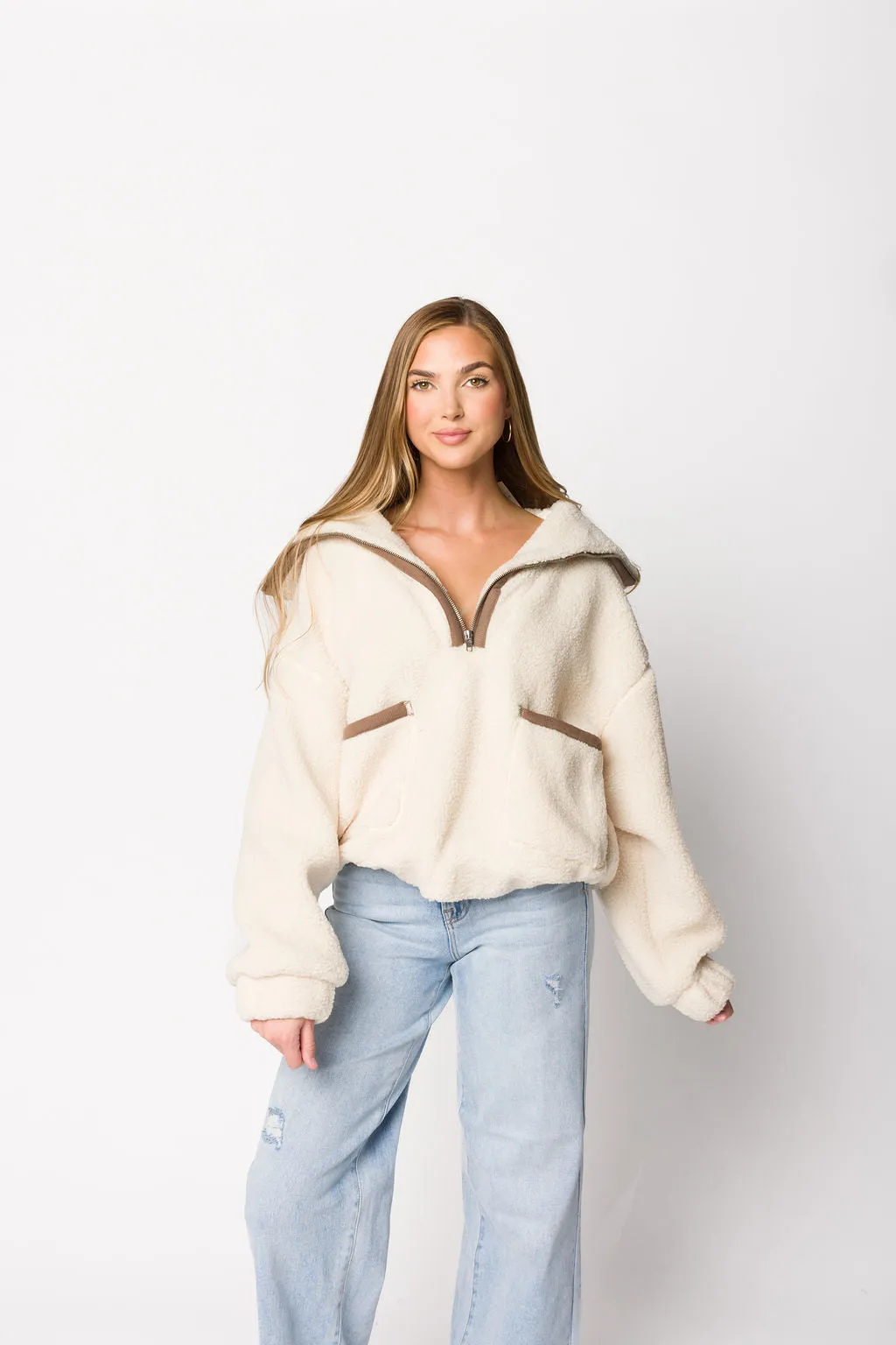 Magnolia Sherpa Fleece Half-Zip Pullover Jacket in Coconut Milk