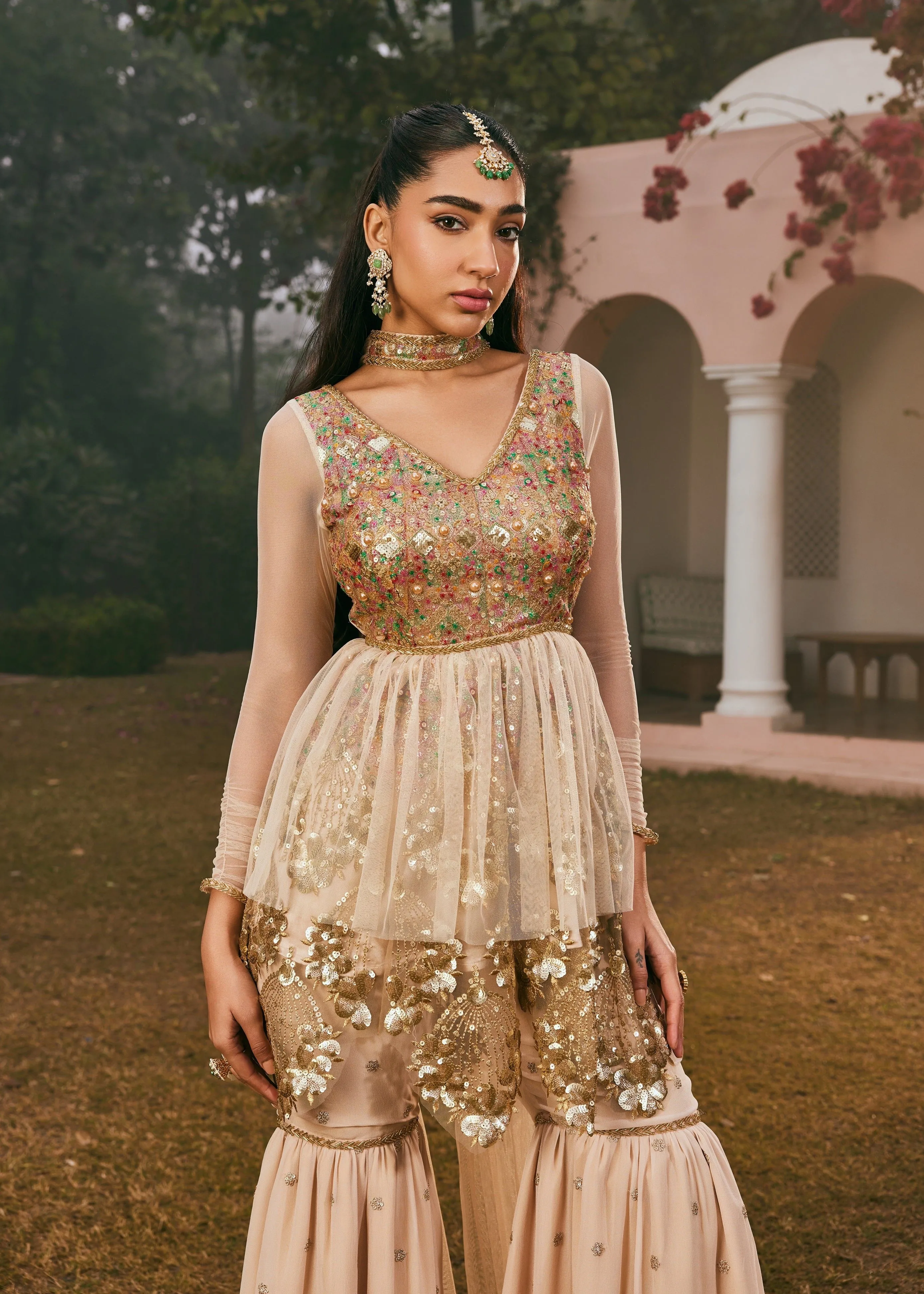 Maira Golden Embroidered Sharara Set