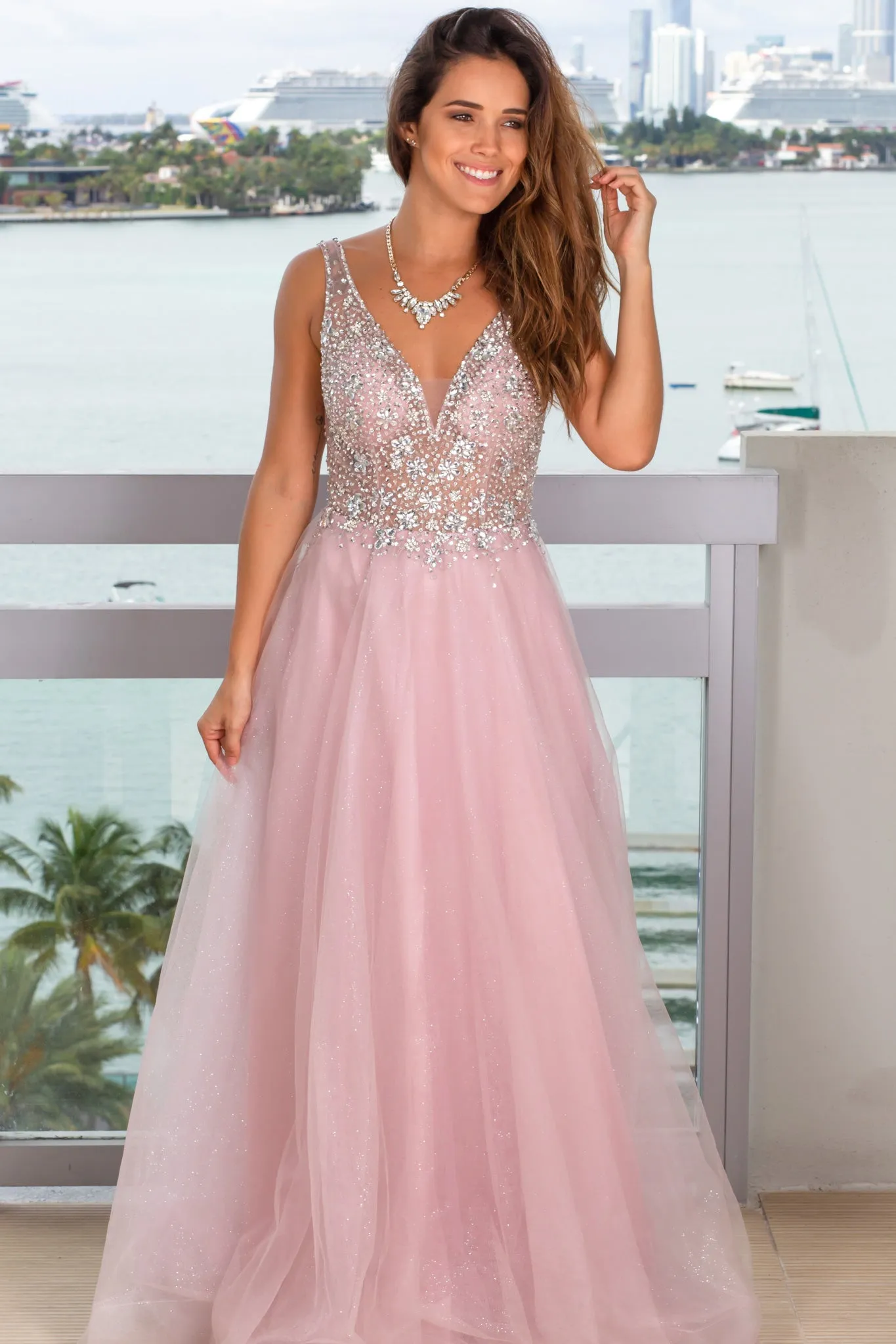 Mauve Shimmer Maxi Dress with Silver Jewels